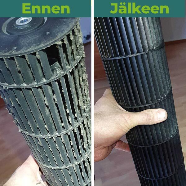 Ilmalämpöpumpun puhdistus, ennen ja jälkeen -kuvat