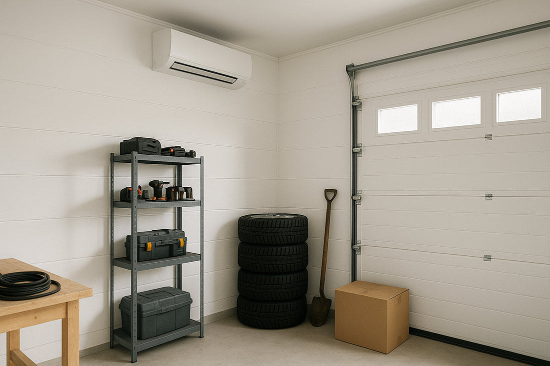 Ilmalämpöpumpun sisäyksikkö asennettuna autotalliin.