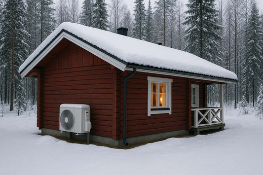 Suomalainen kodikas mökki johon on asennettu ilmalämpöpumppu.