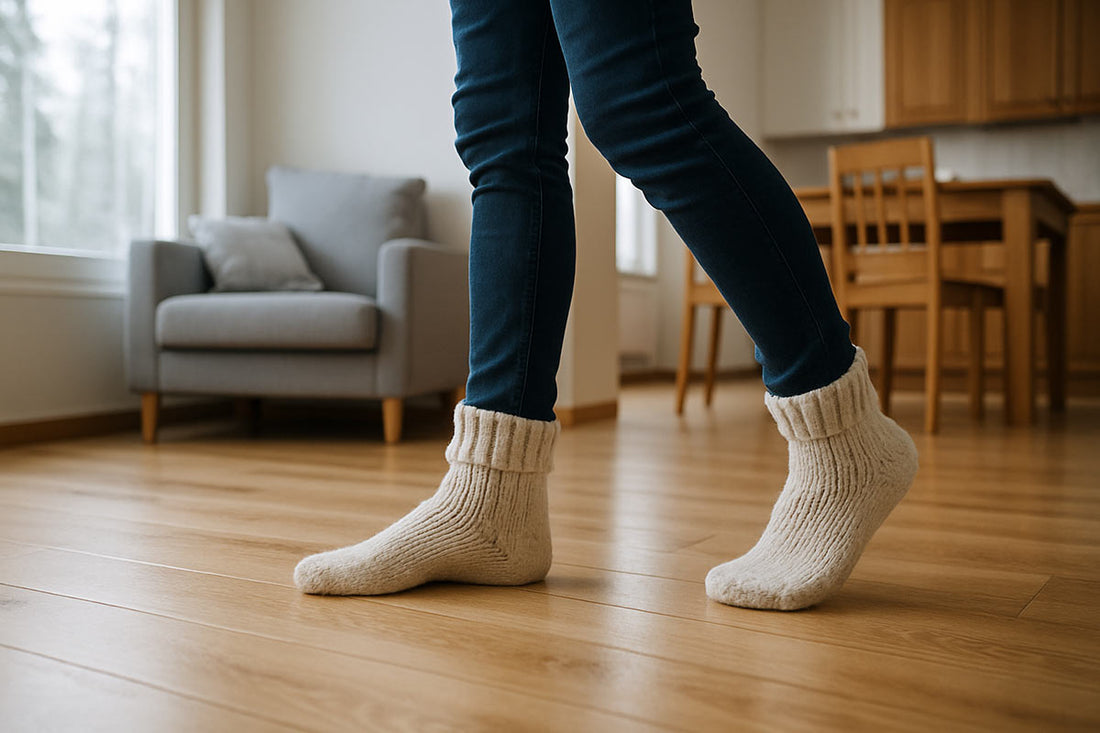 Jos lattialämmitys ei toimi kunnolla, ovat villasukat hyvä hätävara.