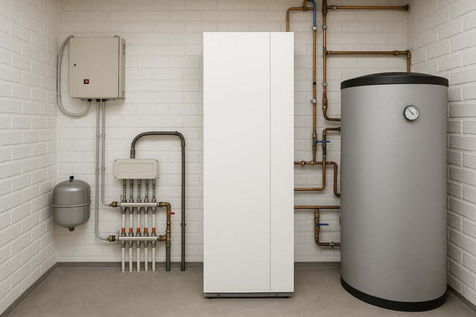 Maalämpöpumppu suomalaisen kodin teknisessä tilassa.