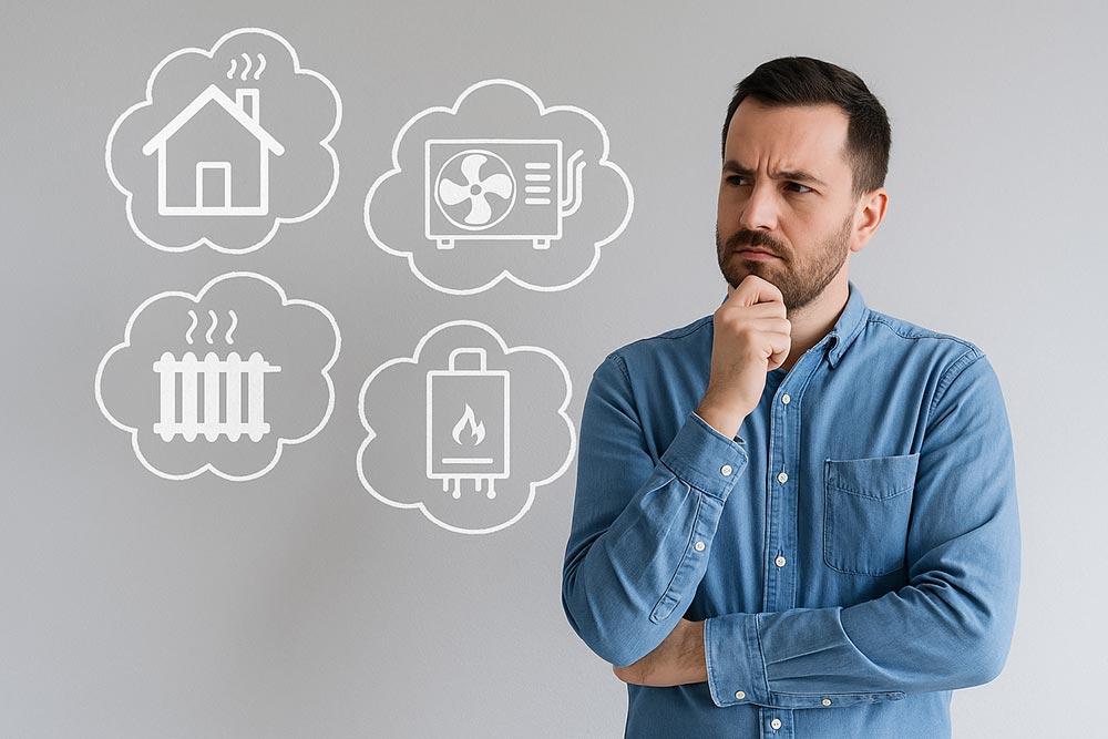 Mies pohtii omakotitalon lämmitysjärjestelmiä, hänen ympärillään näkyy ikoneja eri lämmitysmuodoista kuten lämpöpumppu, patteri ja kattila.